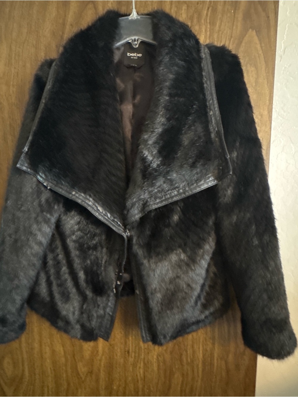 bebe Black Faux Fur Teddy Jacket with Draped Collar
